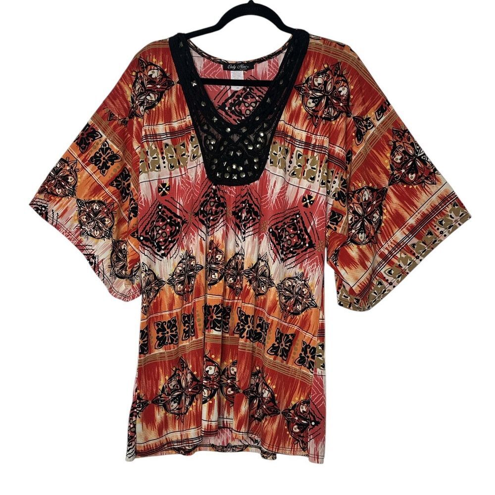 ONLY NINE Top Womens 3X Plus Short Sleeve Bohemian Evening Party‎ Stretch